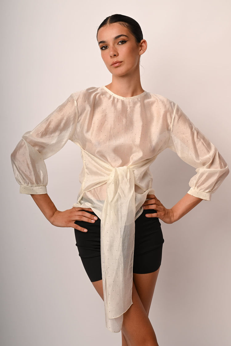 Blusa in mussola con fiocco e strass