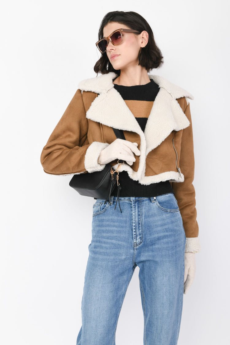 Giacca crop in faux suede e shearling