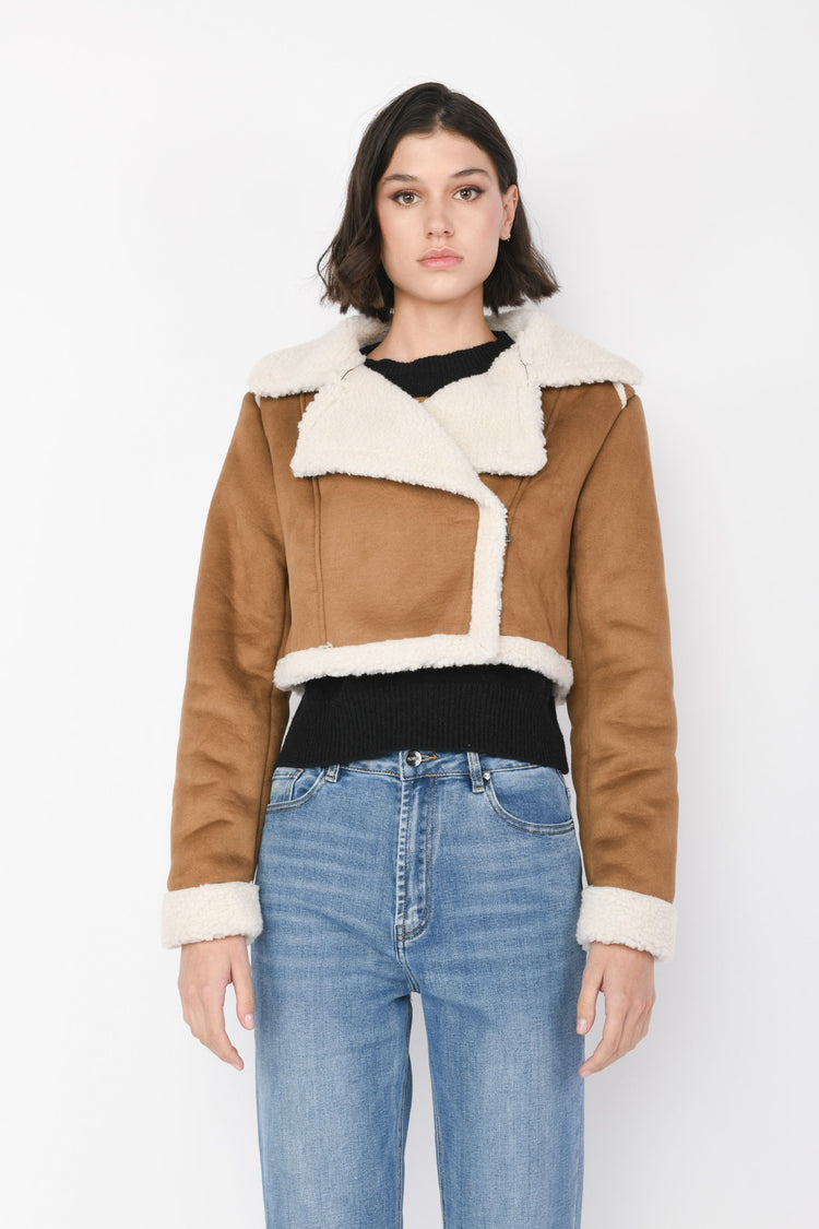 Giacca crop in faux suede e shearling