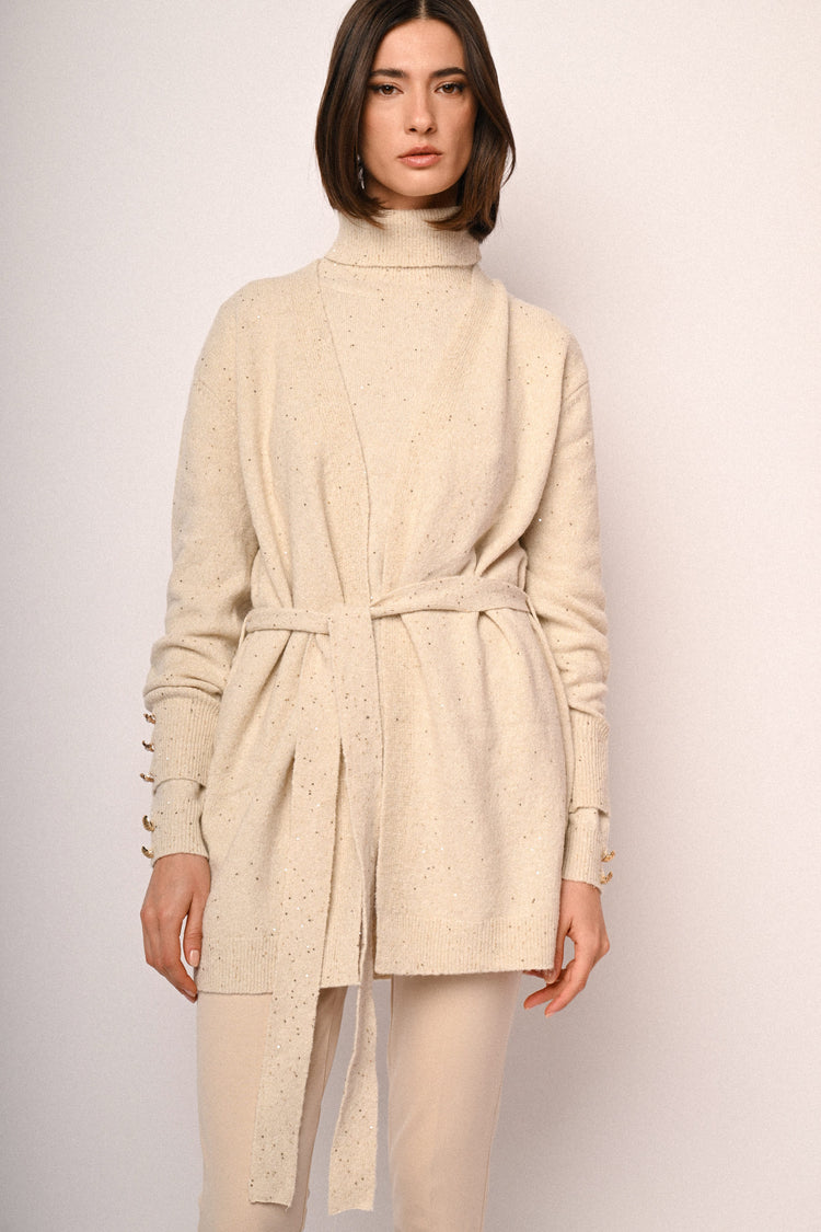 Cardigan lungo con paillettes e cintura