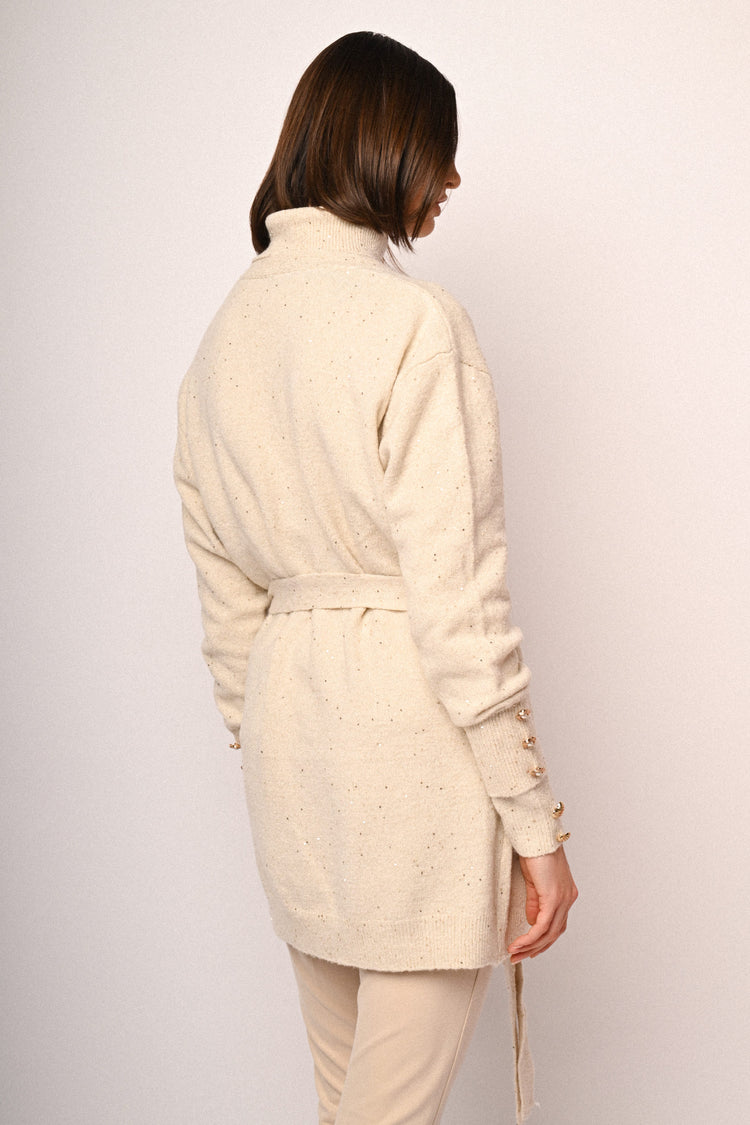 Cardigan lungo con paillettes e cintura