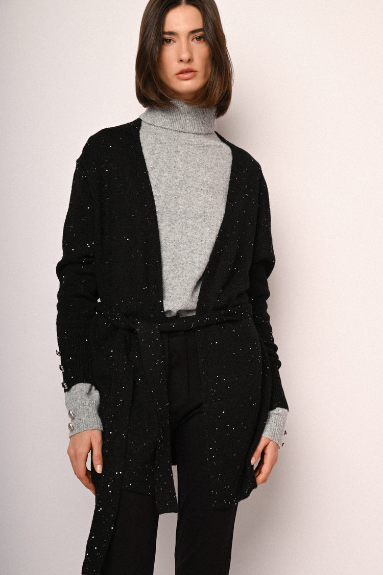 Cardigan lungo con paillettes e cintura