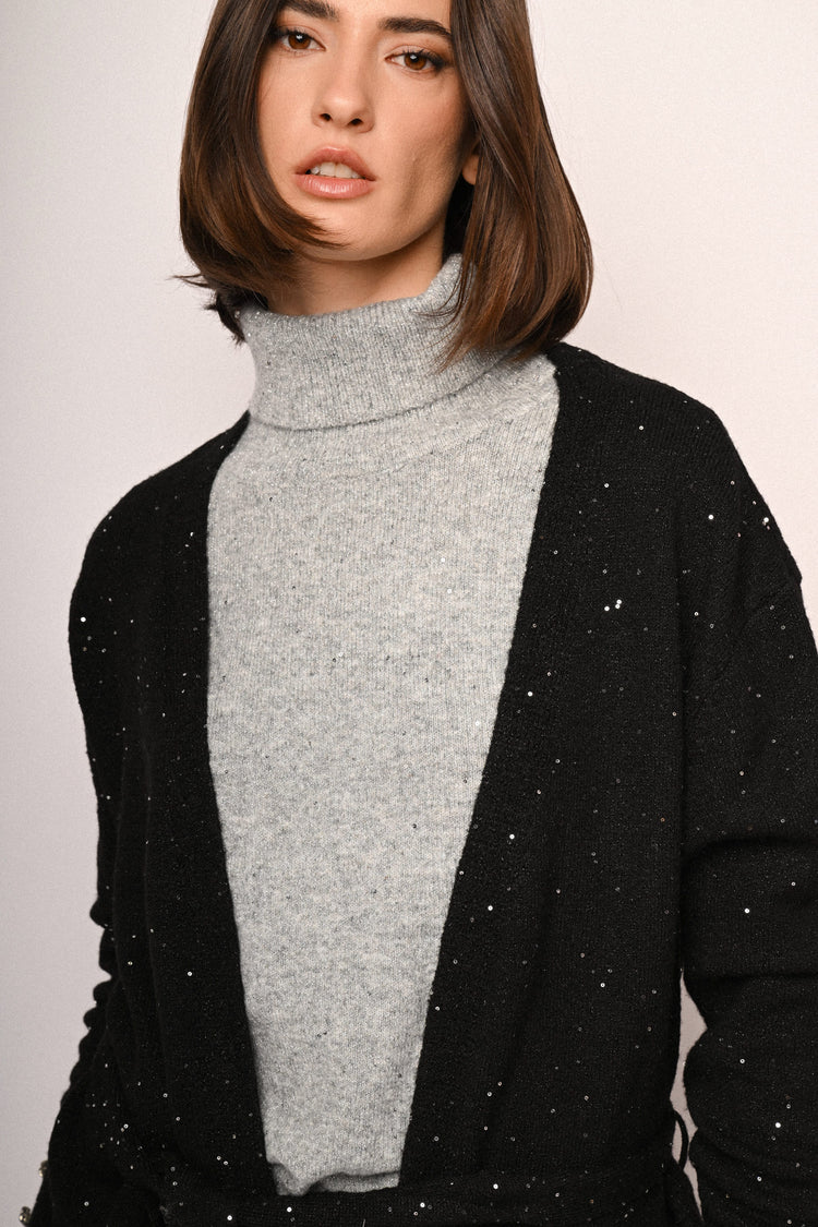 Cardigan lungo con paillettes e cintura