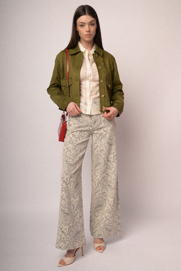 Jeans wide-leg a stampa Paisley avorio
