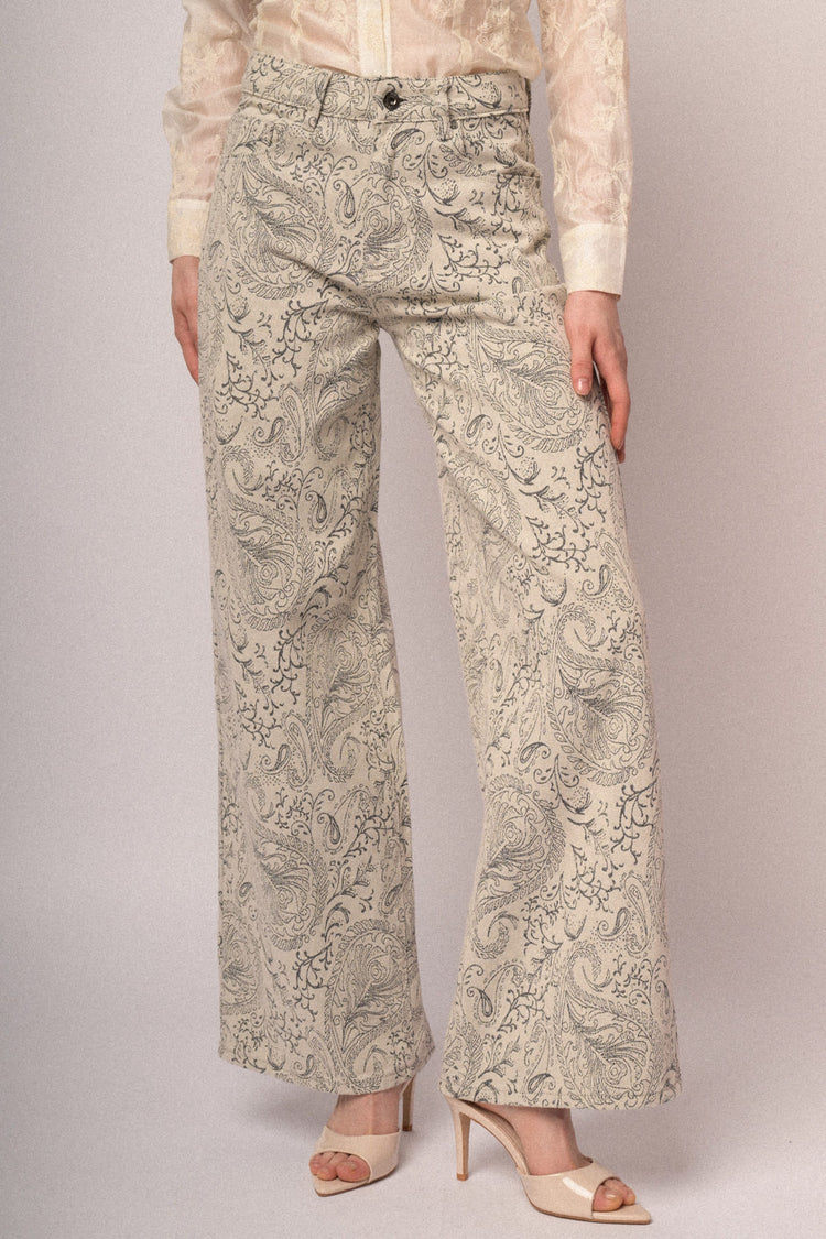Jeans wide-leg a stampa Paisley avorio