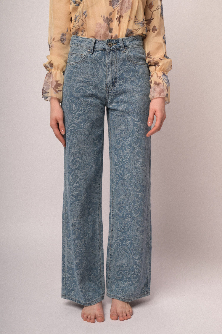 Jeans wide-leg a stampa Paisley azzurro