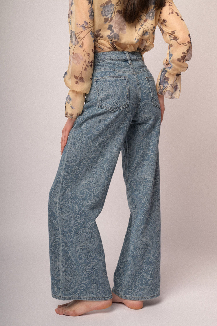 Jeans wide-leg a stampa Paisley azzurro