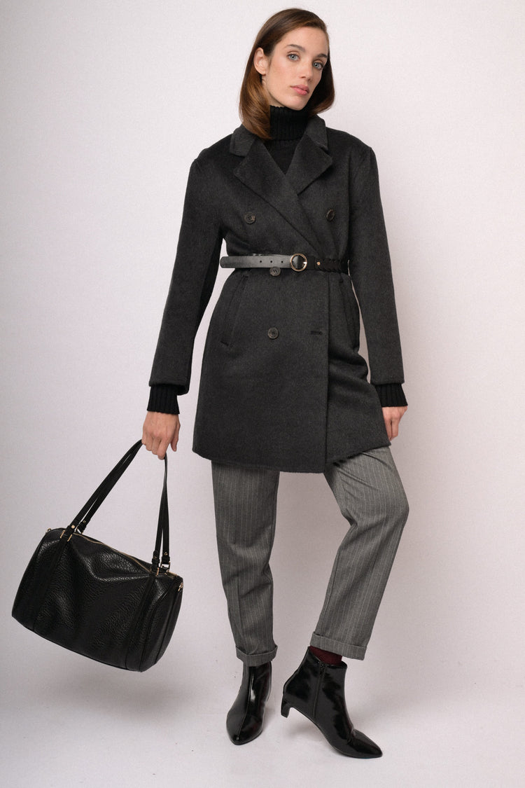 Cappotto doppiopetto nero in misto lana