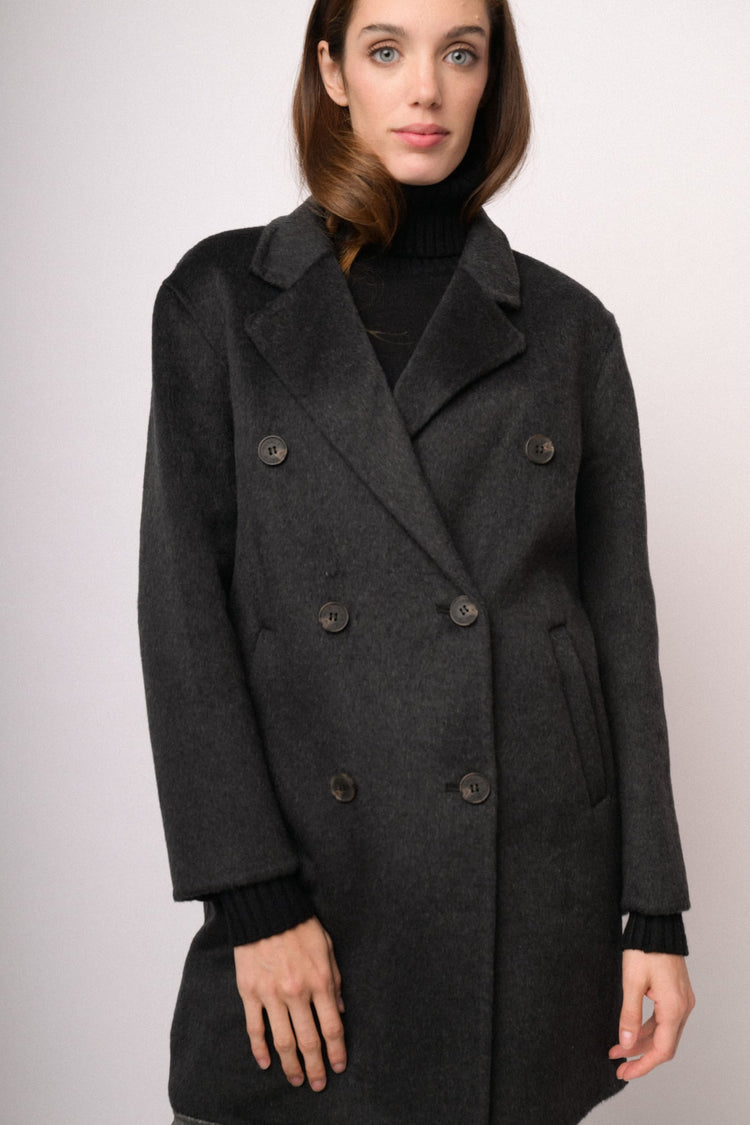 Cappotto doppiopetto nero in misto lana