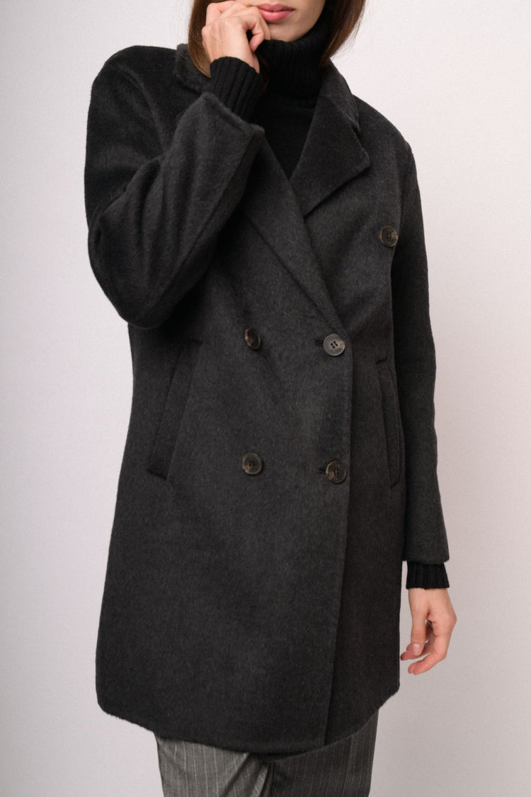 Cappotto doppiopetto nero in misto lana