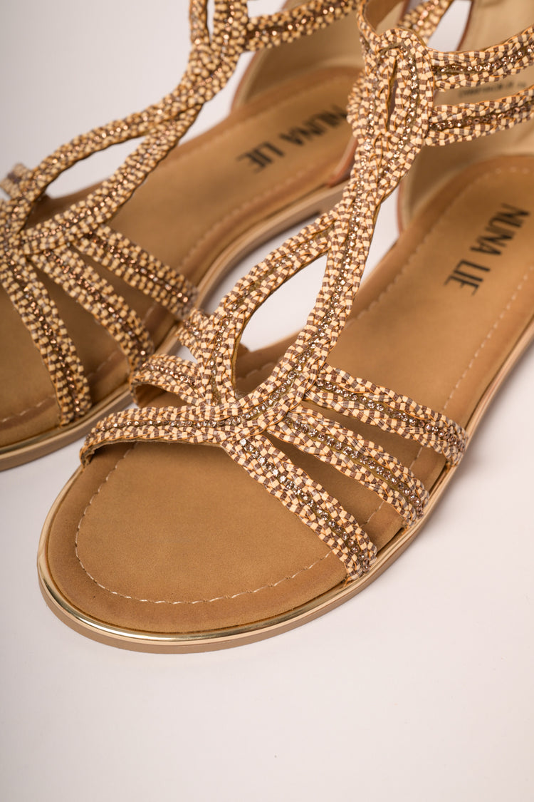 Sandali flat con decorazione strass beige
