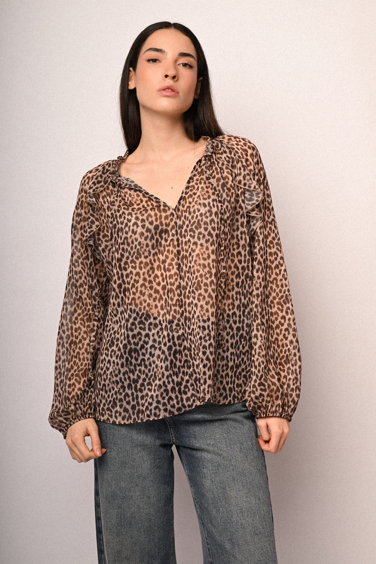 Blusa con laccetto e stampa animalier