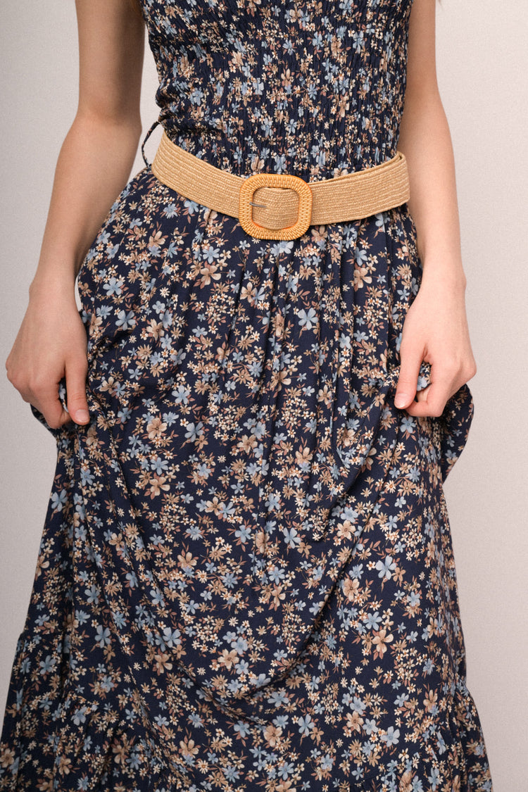 Abito lungo a punto smock a stampa floreale blu con cintura