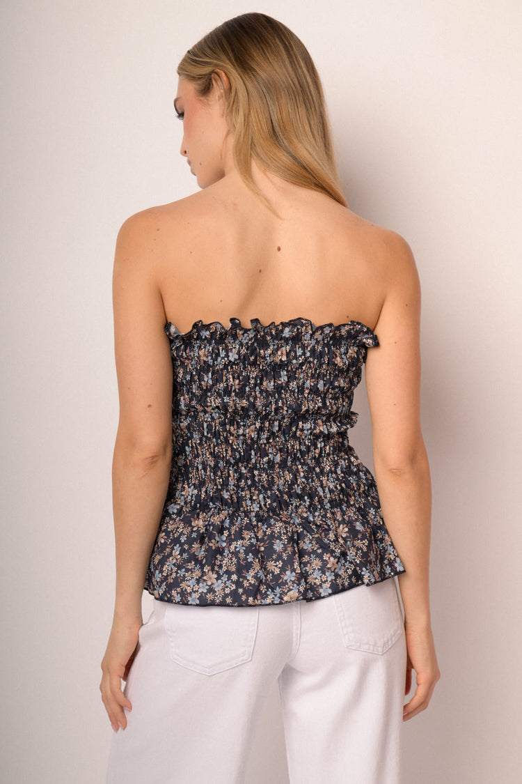 Top a bustier a punto smock con stampa micro-floreale blu