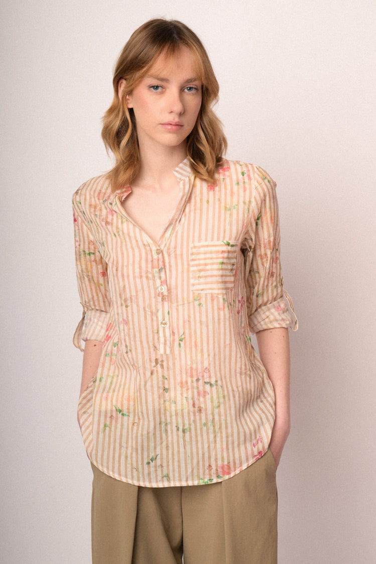 Blusa in cotone a righe & fiori beige