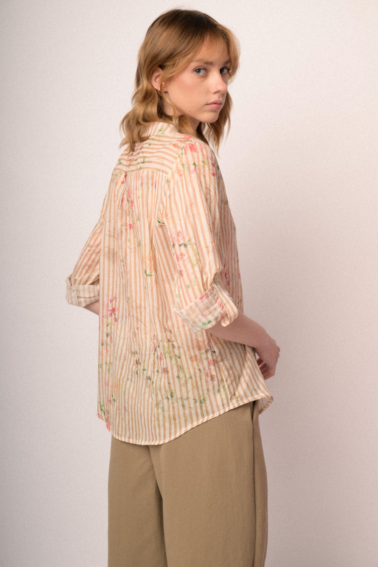 Blusa in cotone a righe & fiori beige
