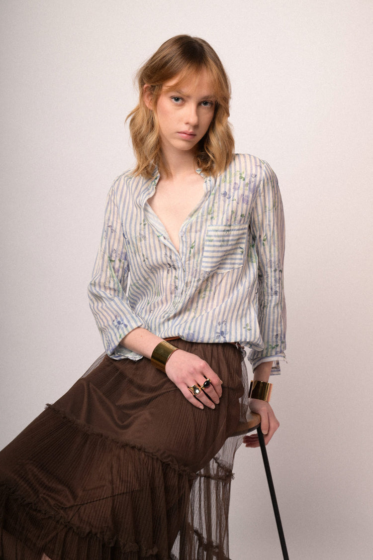 Blusa in cotone a righe & fiori celeste