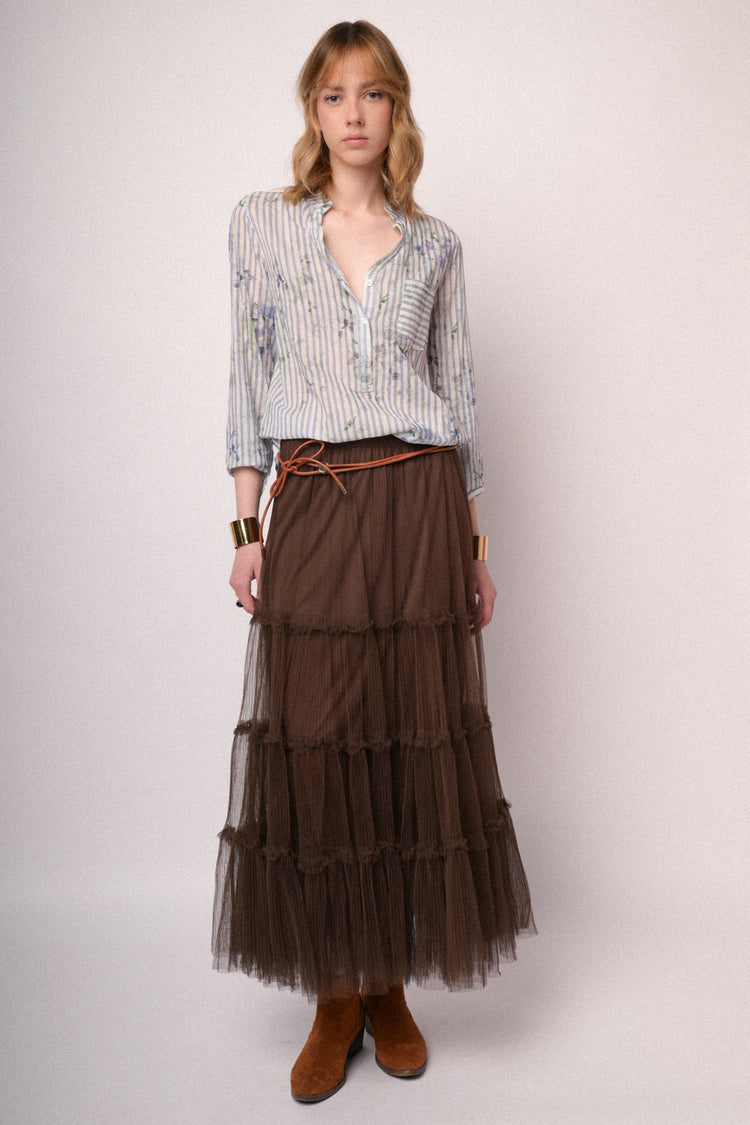 Blusa in cotone a righe & fiori celeste