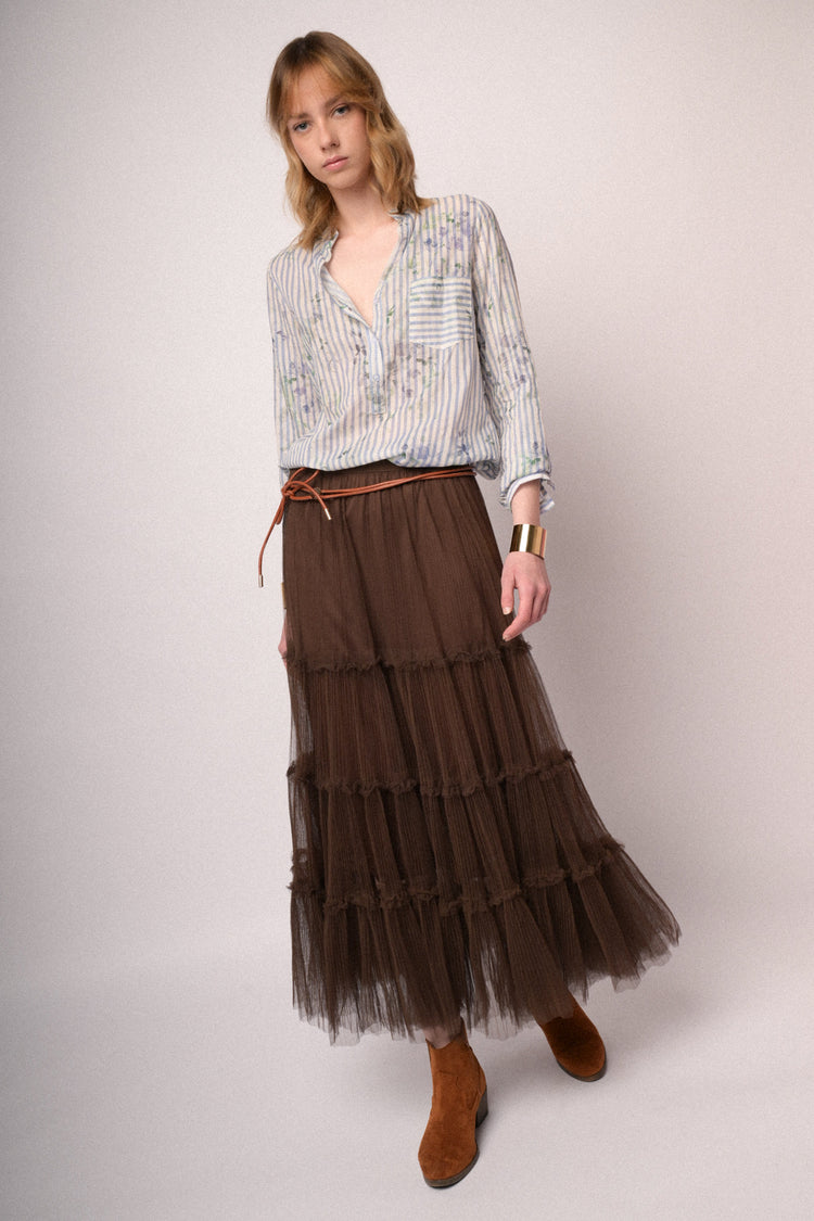 Blusa in cotone a righe & fiori celeste
