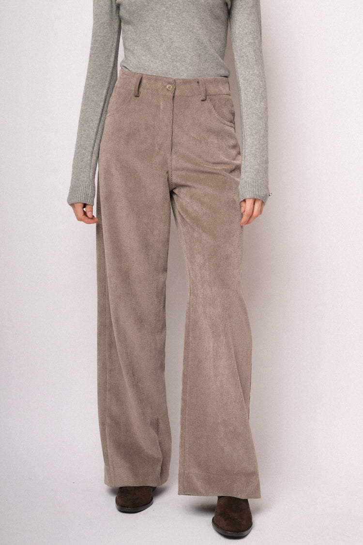 Pantaloni palazzo in velluto a coste tortora