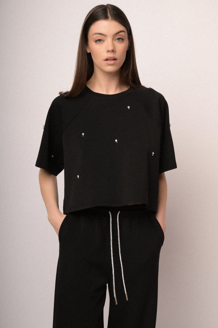 Felpa a mezze maniche con strass