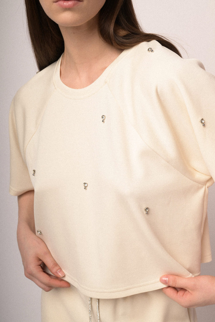 Felpa a mezze maniche con strass