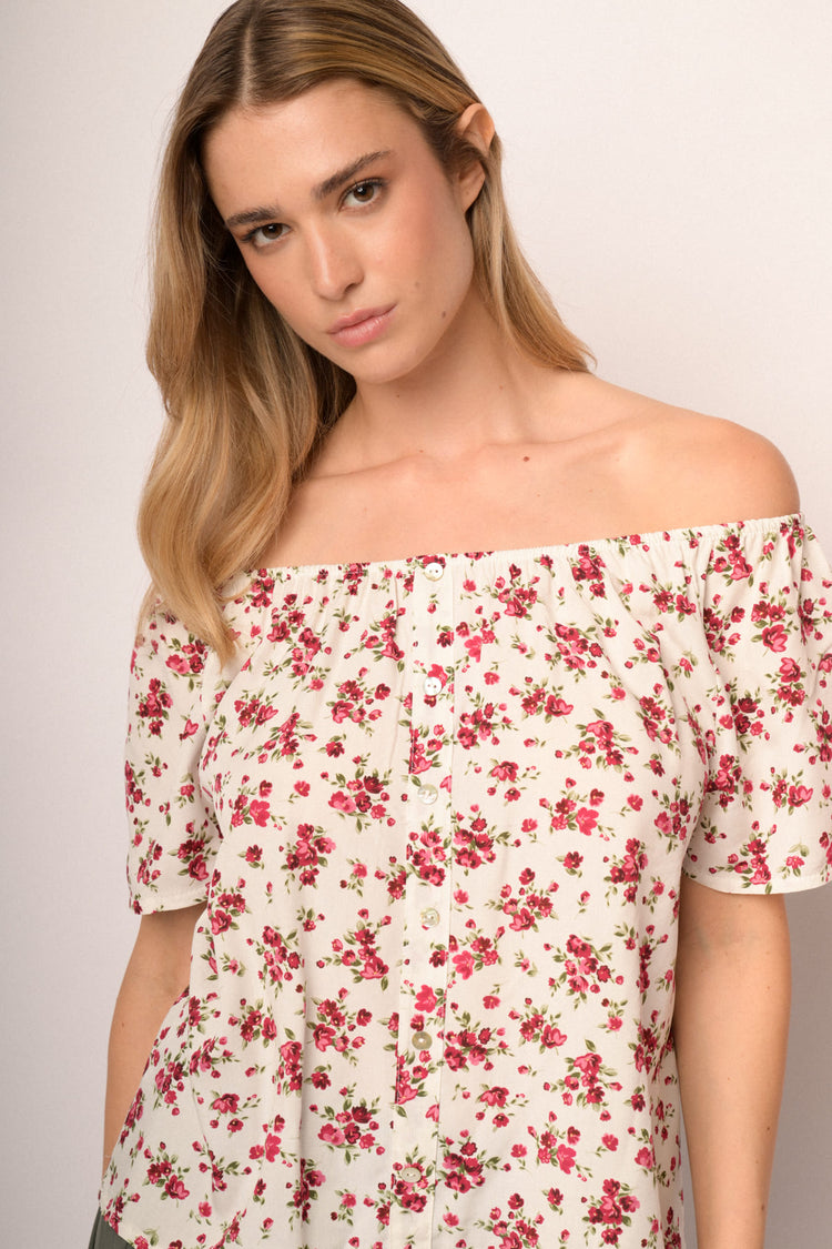 Top a spalle scoperte in viscosa a stampa floreale multicolor