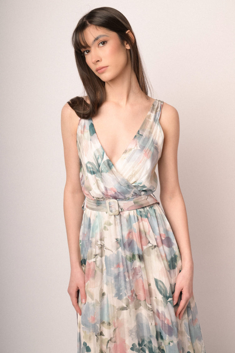 Abito lungo in georgette a stampa floreale effetto acquerello multicolor