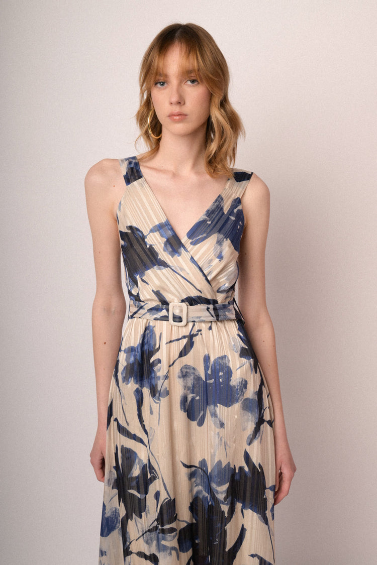 Abito lungo in georgette lurex a stampa floreale multicolor