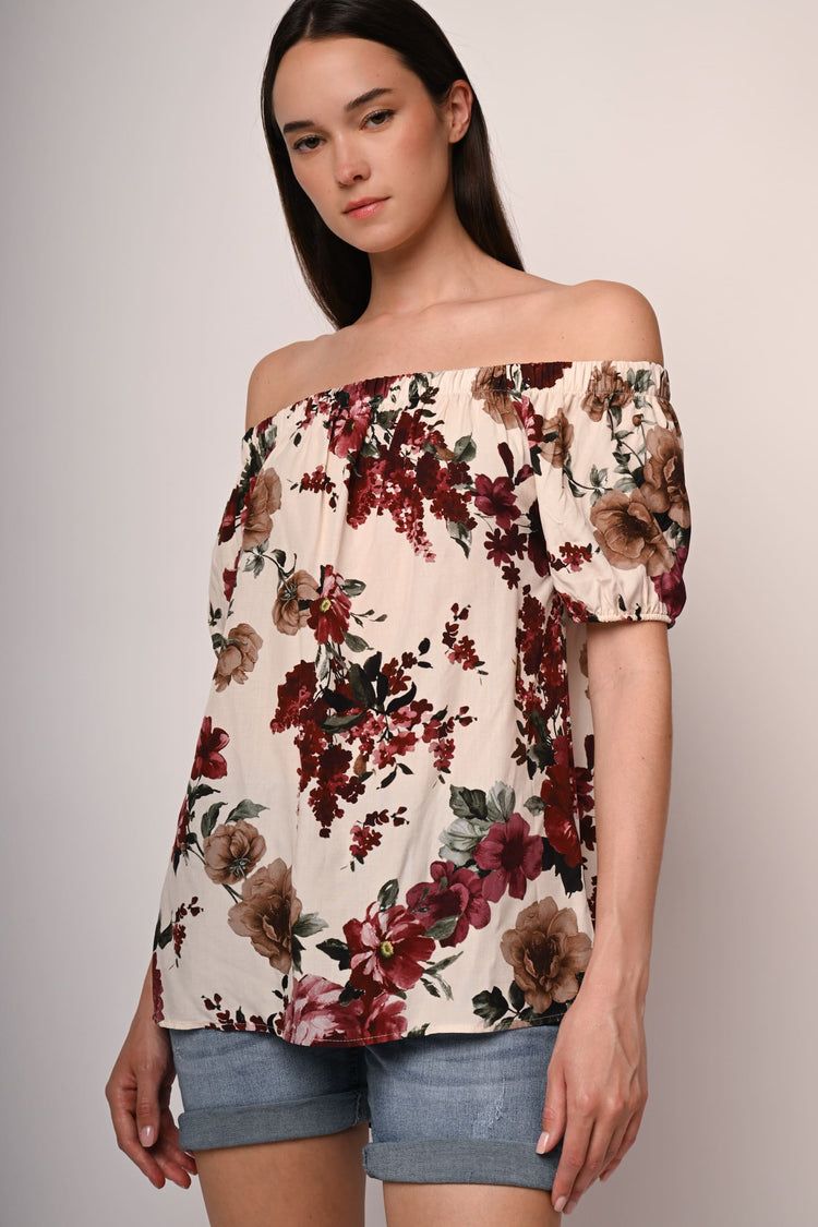 Top a stampa floreale con spalle scoperte