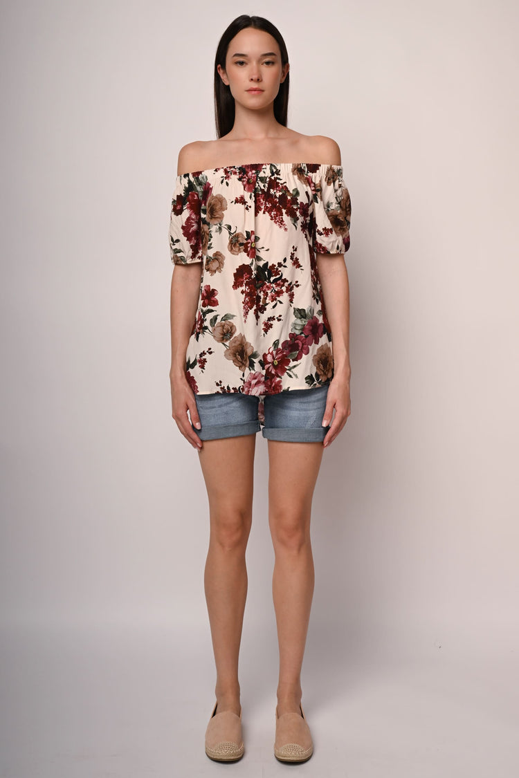 Top a stampa floreale con spalle scoperte