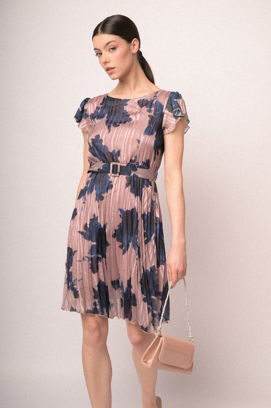 Mini abito a stampa floreale rosa con cintura