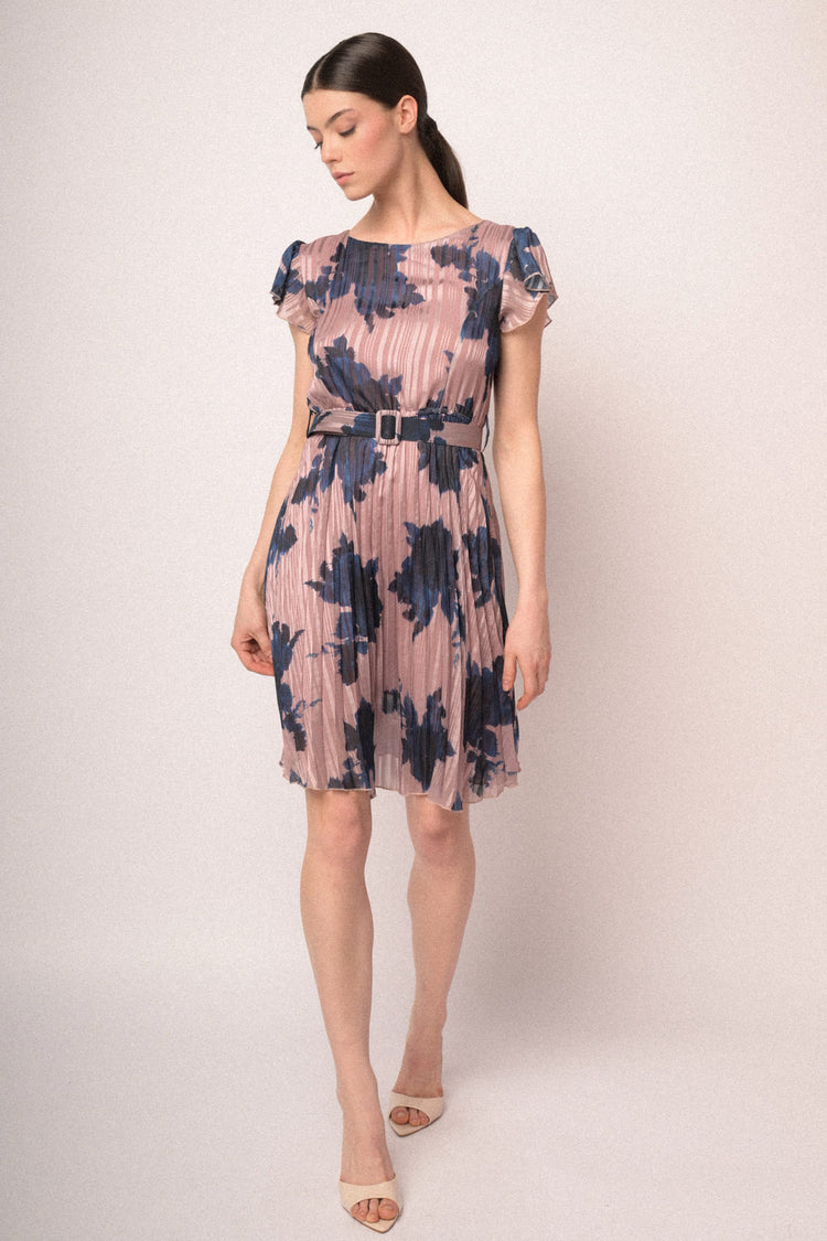 Mini abito a stampa floreale rosa con cintura