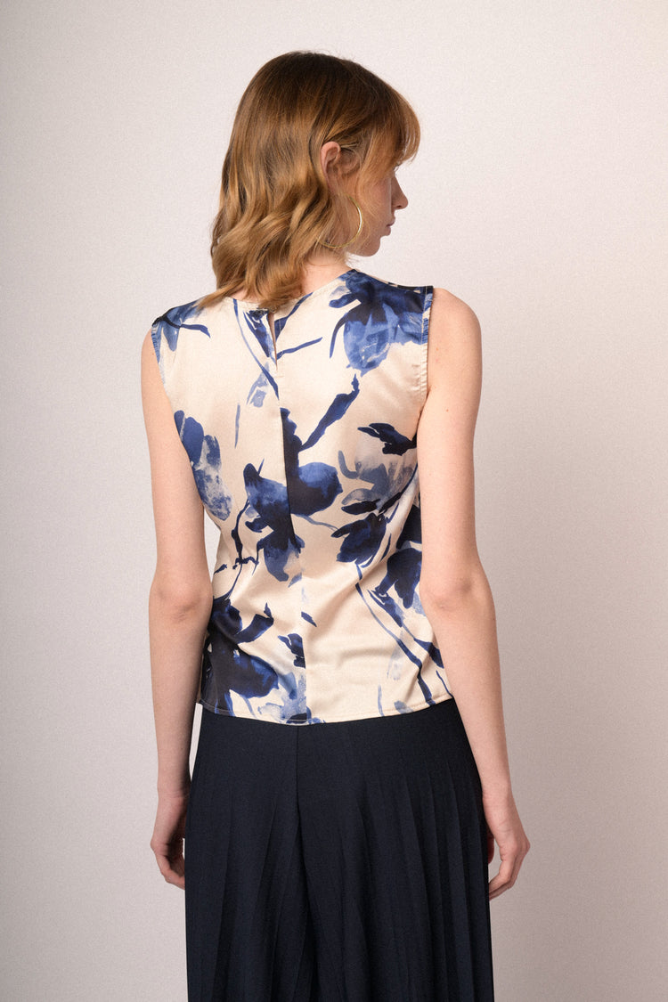 Top in raso a stampa floreale multicolor con fiocco