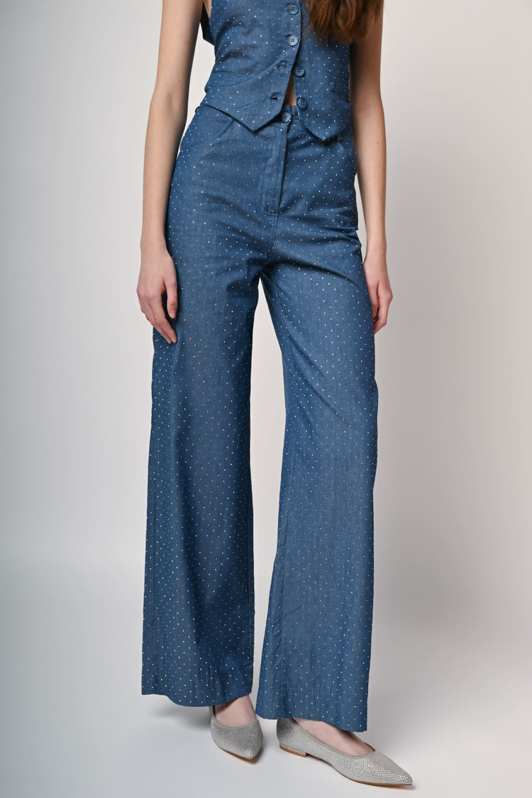 Pantaloni palazzo in denim con strass