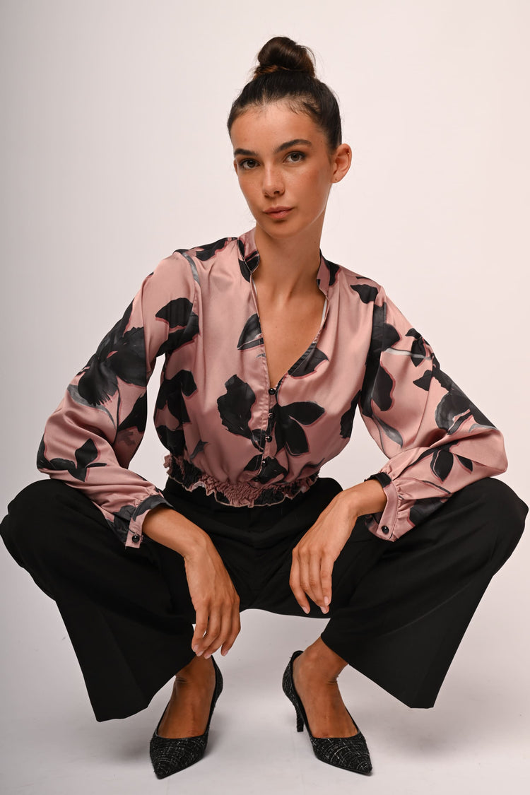 Camicia crop in raso a stampa floreale