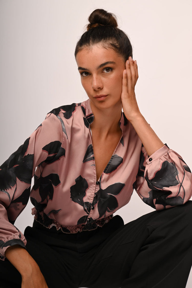 Camicia crop in raso a stampa floreale