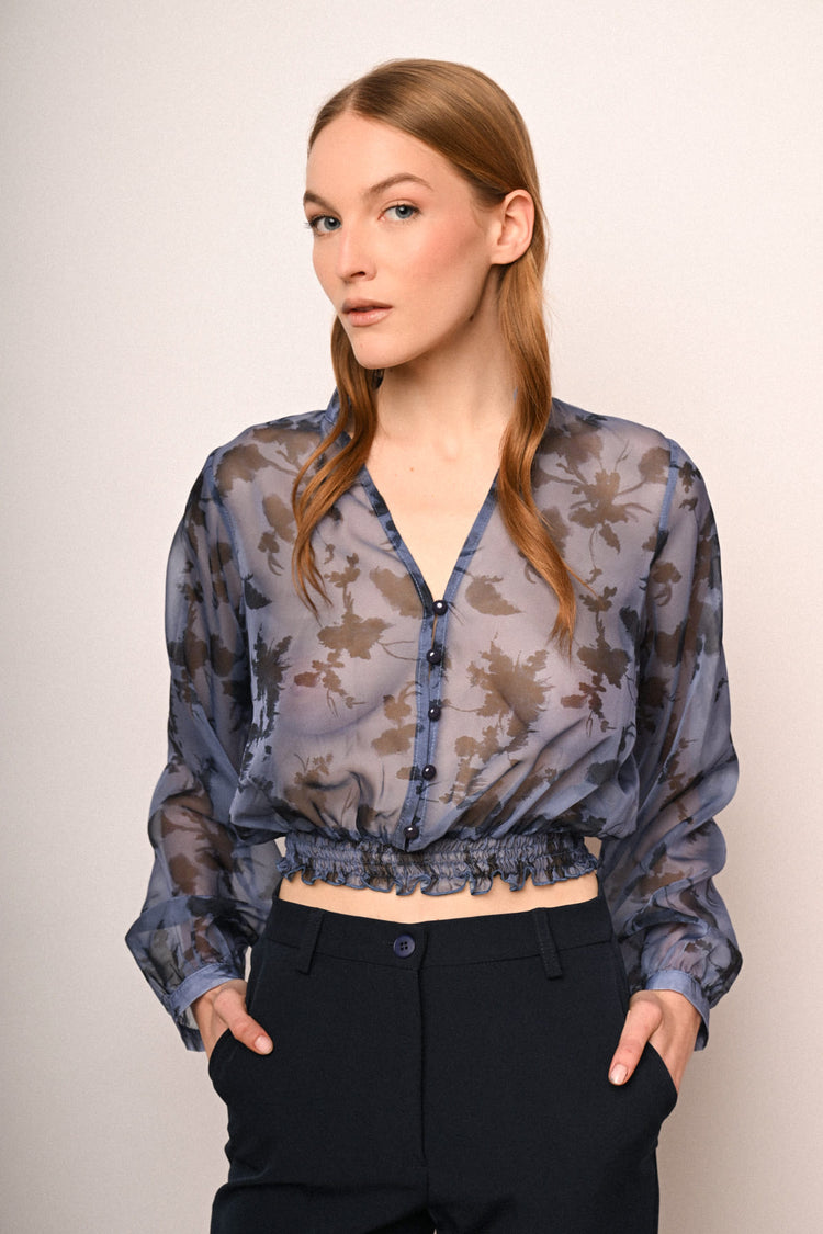 Camicetta crop in tulle a stampa floreale