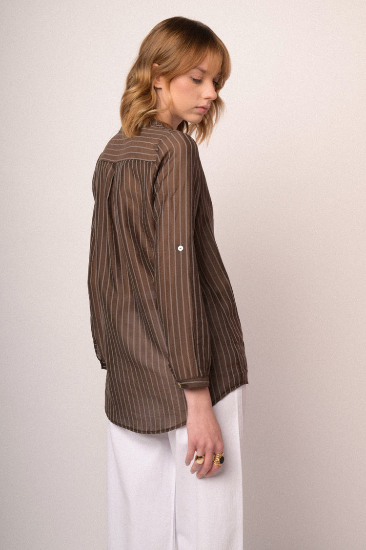 Blusa misto lyocell a righe cioccolato