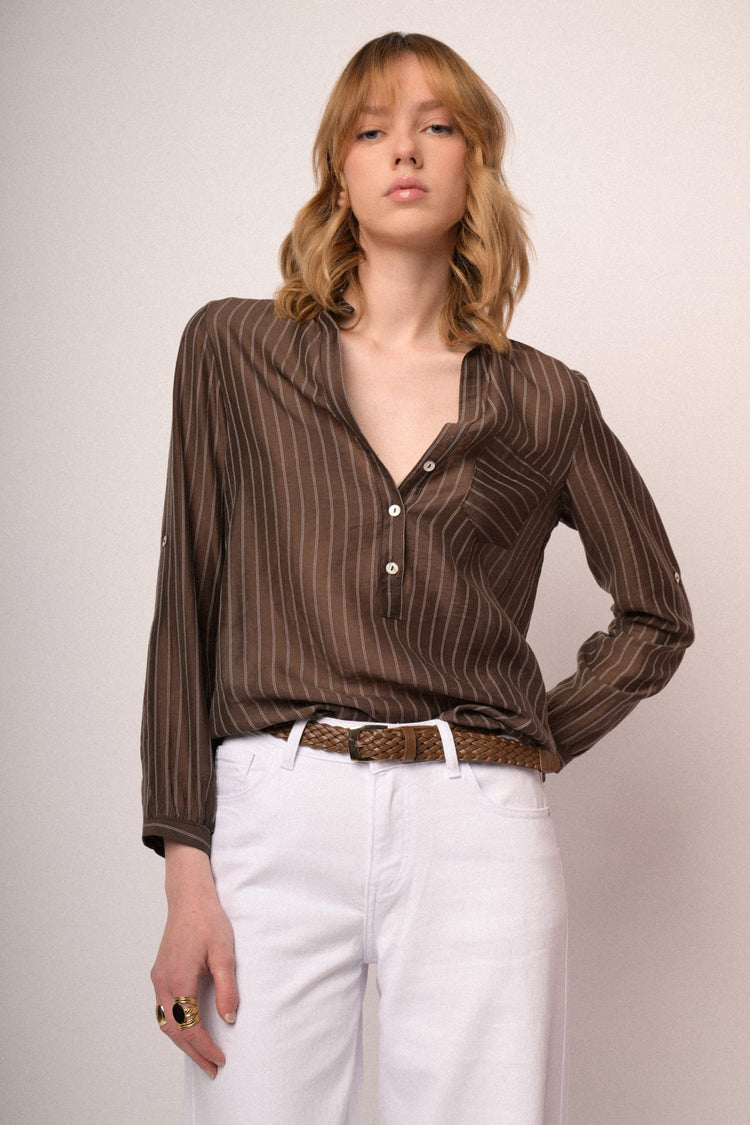 Blusa misto lyocell a righe cioccolato
