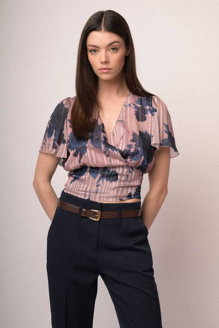 Top in georgette lurex a stampa floreale rosa