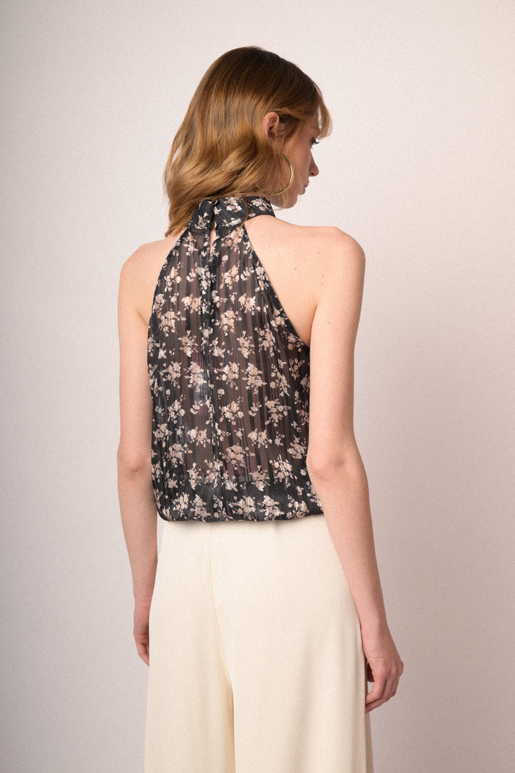 Top allamericana in georgette lurex a stampa floreale nero