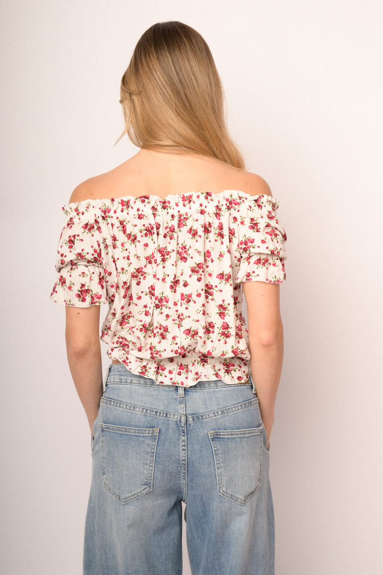 Top in viscosa a stampa floreale multicolor con profili elasticizzati