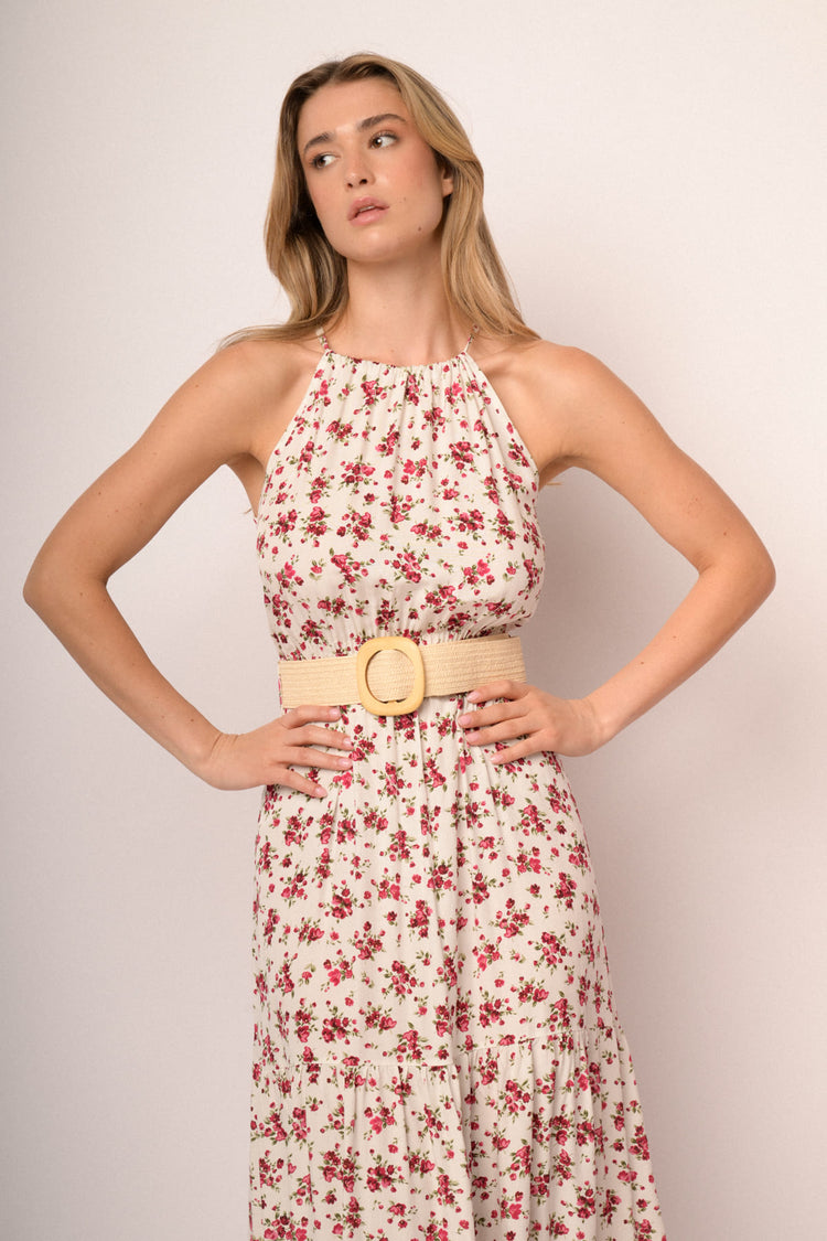 Abito halter lungo in viscosa a stampa floreale bianco con cintura
