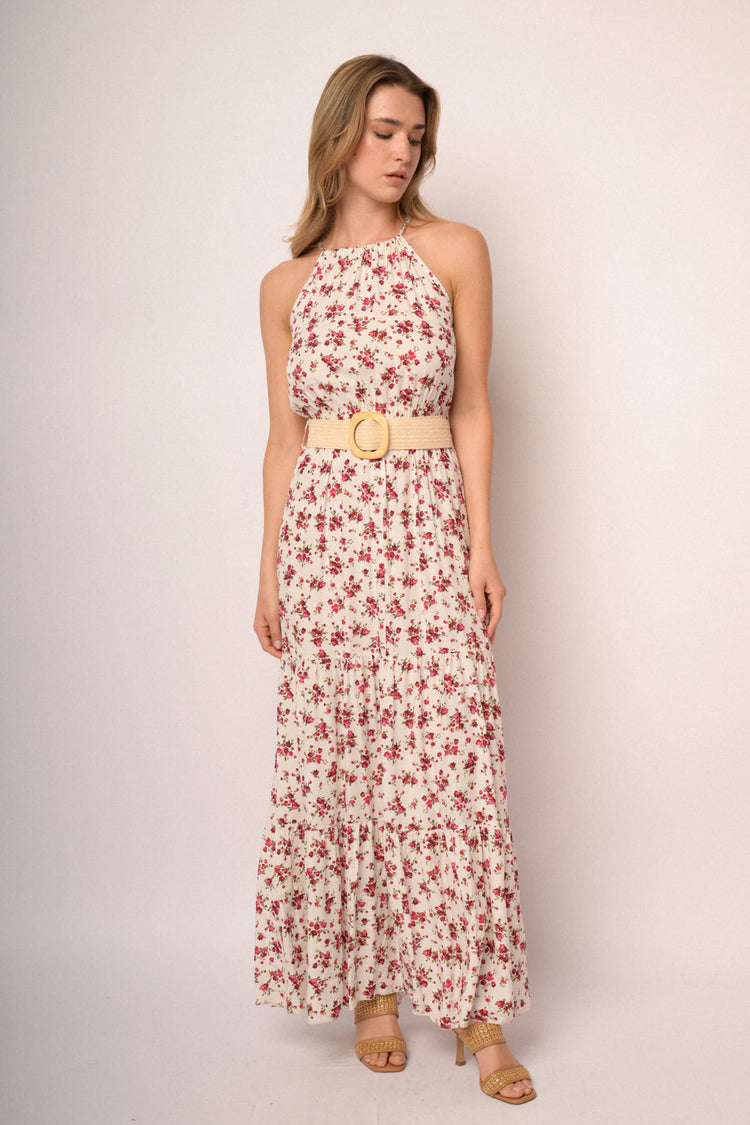 Abito halter lungo in viscosa a stampa floreale bianco con cintura