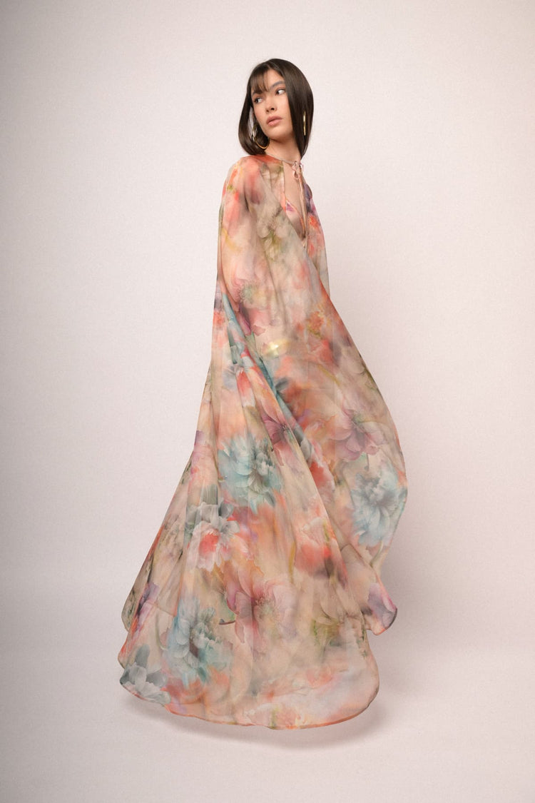 Mantella lunga in chiffon a stampa floreale multicolor
