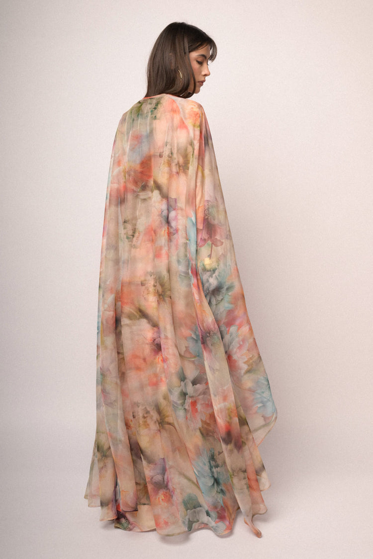 Mantella lunga in chiffon a stampa floreale multicolor
