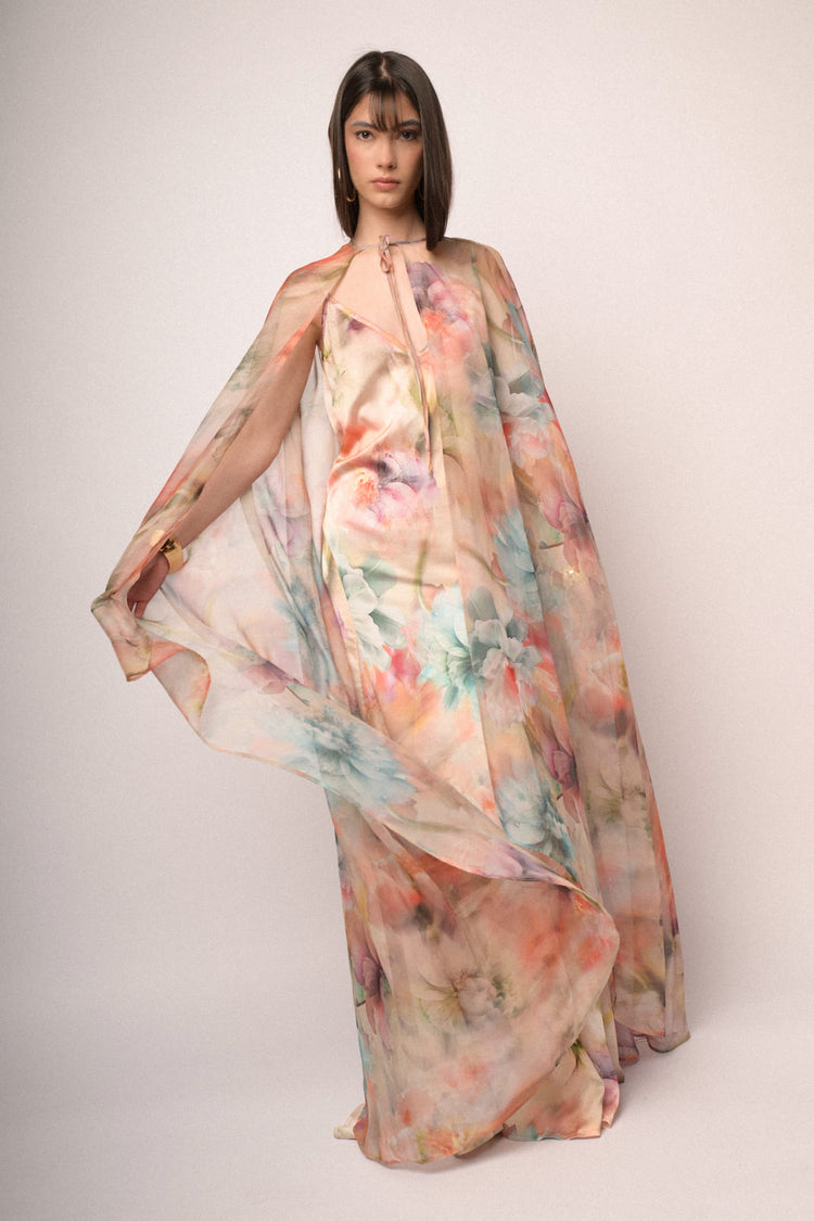 Mantella lunga in chiffon a stampa floreale multicolor