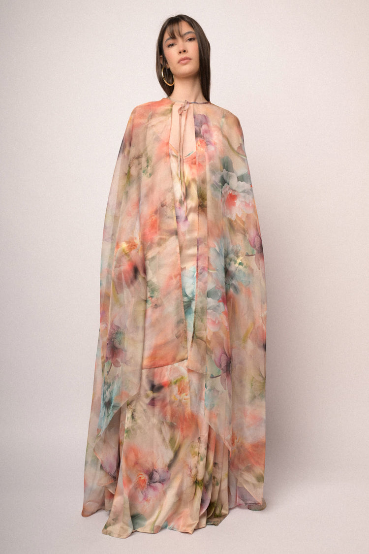 Mantella lunga in chiffon a stampa floreale multicolor