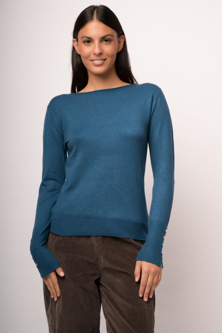 Pull basic girocollo blu petrolio con bottoni dorati